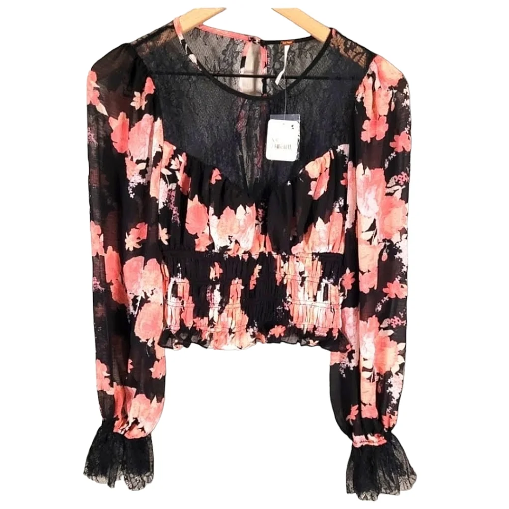 Free People Daphne Lace Floral Crop Blouse Black Pink Smocked Top XS